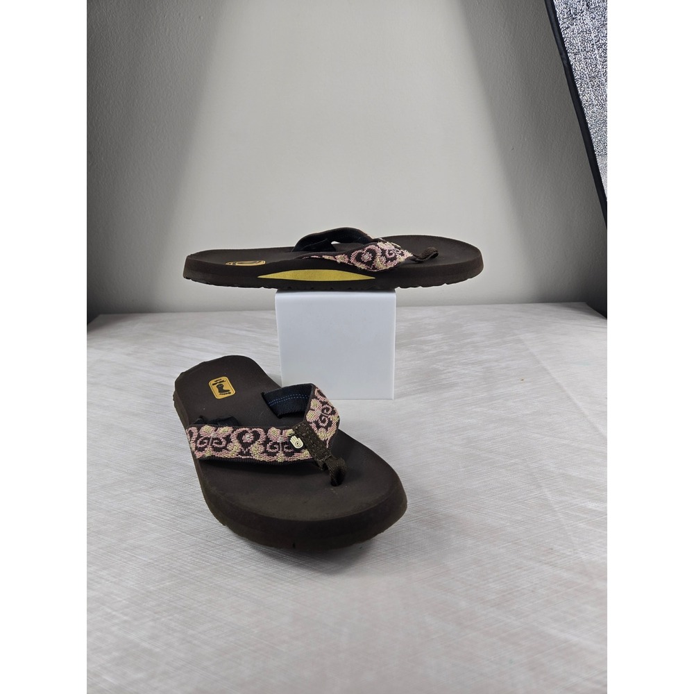 Hang Ten Women Brown Platform Flip Flops Pink Woven Strap Wedge Sandals Size 8